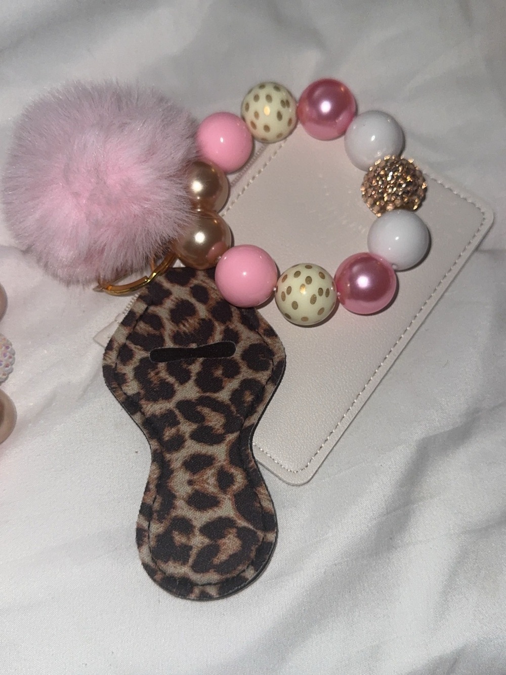 Pink Pom & Beaded Bracelet Keyring with Leopard Card Holder